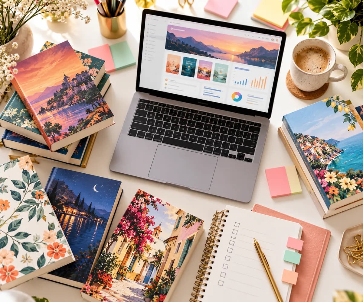 Laptop with a book promotion dashboard surrounded by book covers and planning notes on a bright desk, representing free book promotion sites for authors