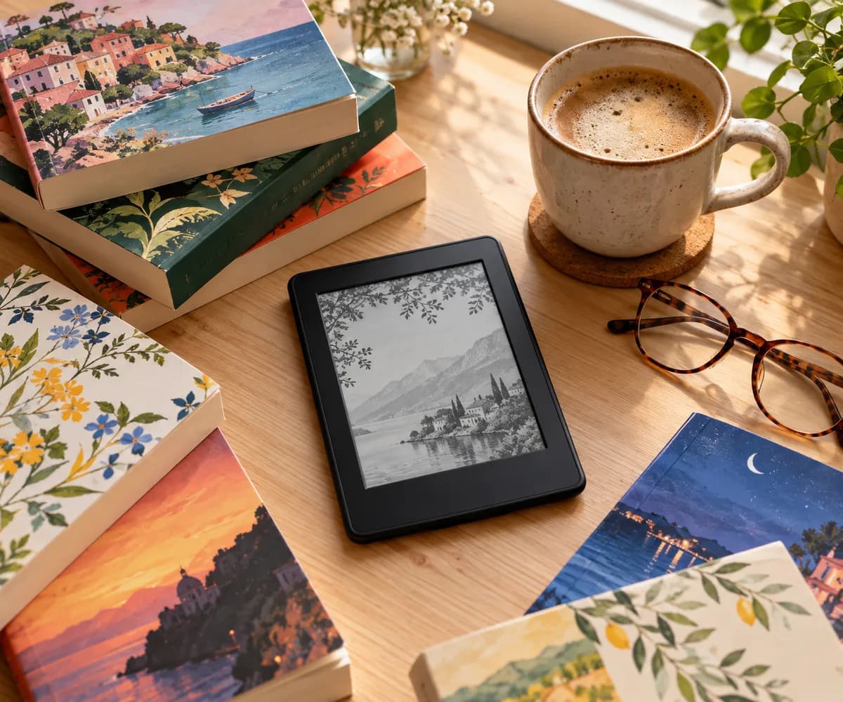 Kindle e-reader surrounded by colourful books on a wooden desk with coffee and reading glasses, representing free Kindle book discovery