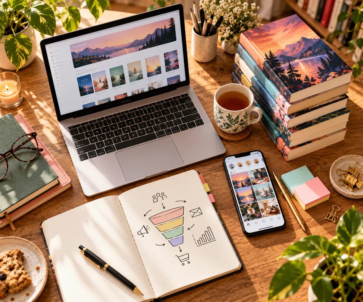 Author workspace with laptop, phone, self-published books and marketing notes on a wooden desk, representing Kindle book promotion strategies