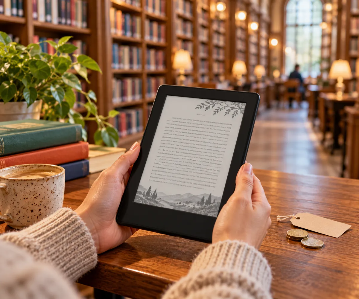 Hands holding a Kindle e-reader in a library with bookshelves in the background and a price tag on the table, representing a Kindle Unlimited value review